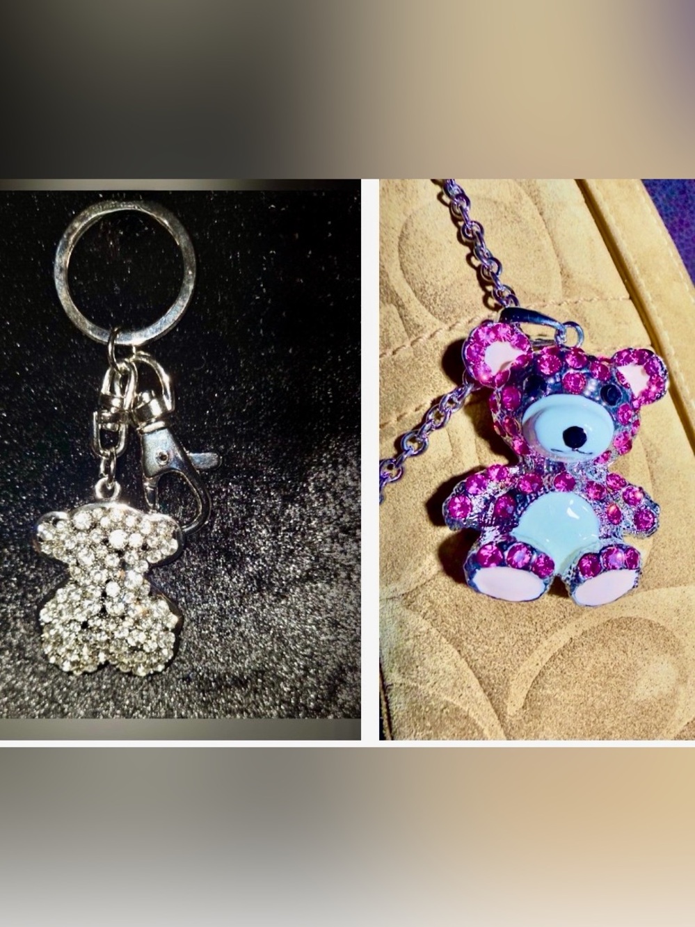 Set of Crystal Teddy Bear Bling! Pink Bear pendant 20” w/chain, Clear keychain